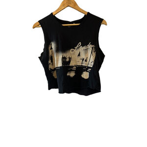Black Graphic Print Sleeveless Raw Edge Cropped Casual Top S